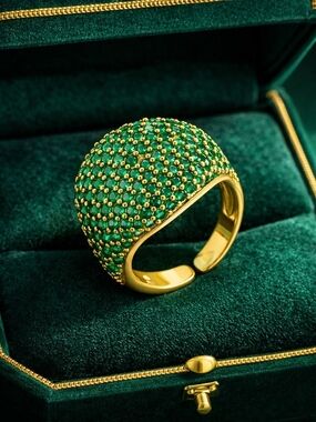 Gold Dome Ring with Emerald Green Pavé